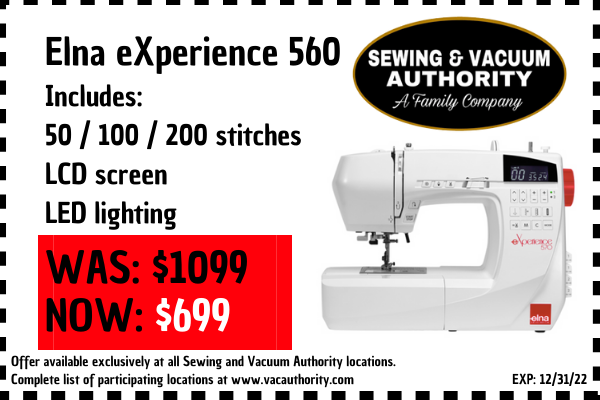 Save $400 on the Elna eXperience 560 Sewing Machine at Sewing and Vacuum Authority