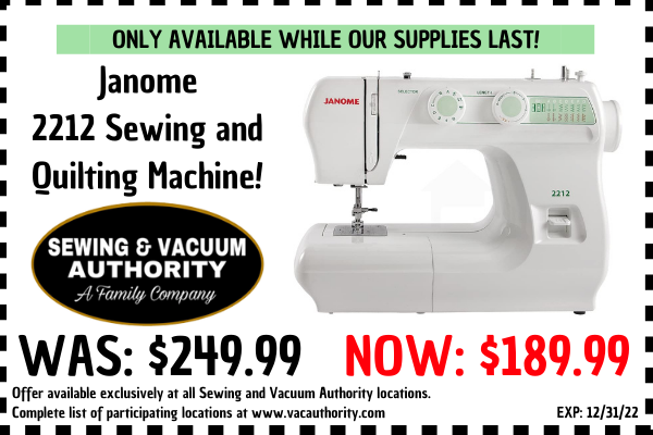 Save Hundreds on the Janome 2212 Sewing and Quilting Machine at Sewing and Vacuum Authority